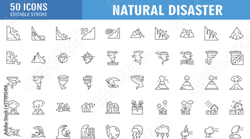 Natural Disaster icon set. Contains editable icons natural disaster theme such as flood, tornado, wildfire and more.