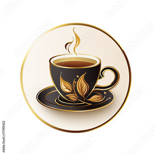 A logo of a teacup with a golden frame