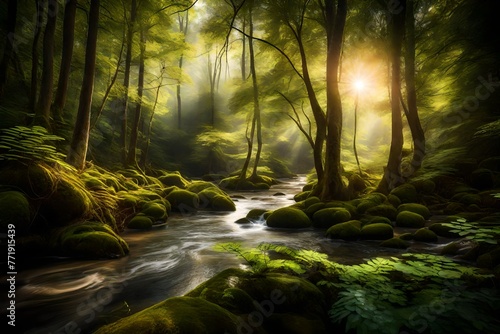 A peaceful river winding through a dense forest  with sunlight filtering through the canopy of trees.