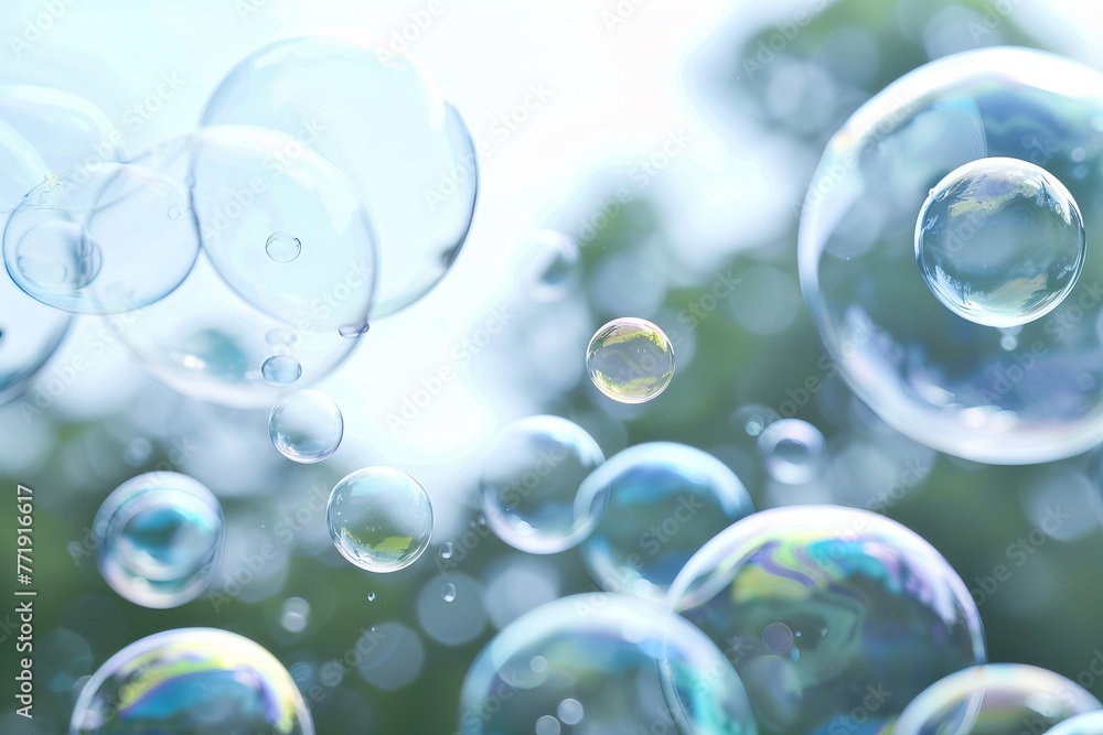 Soap bubbles floating gracefully in the air, super realistic