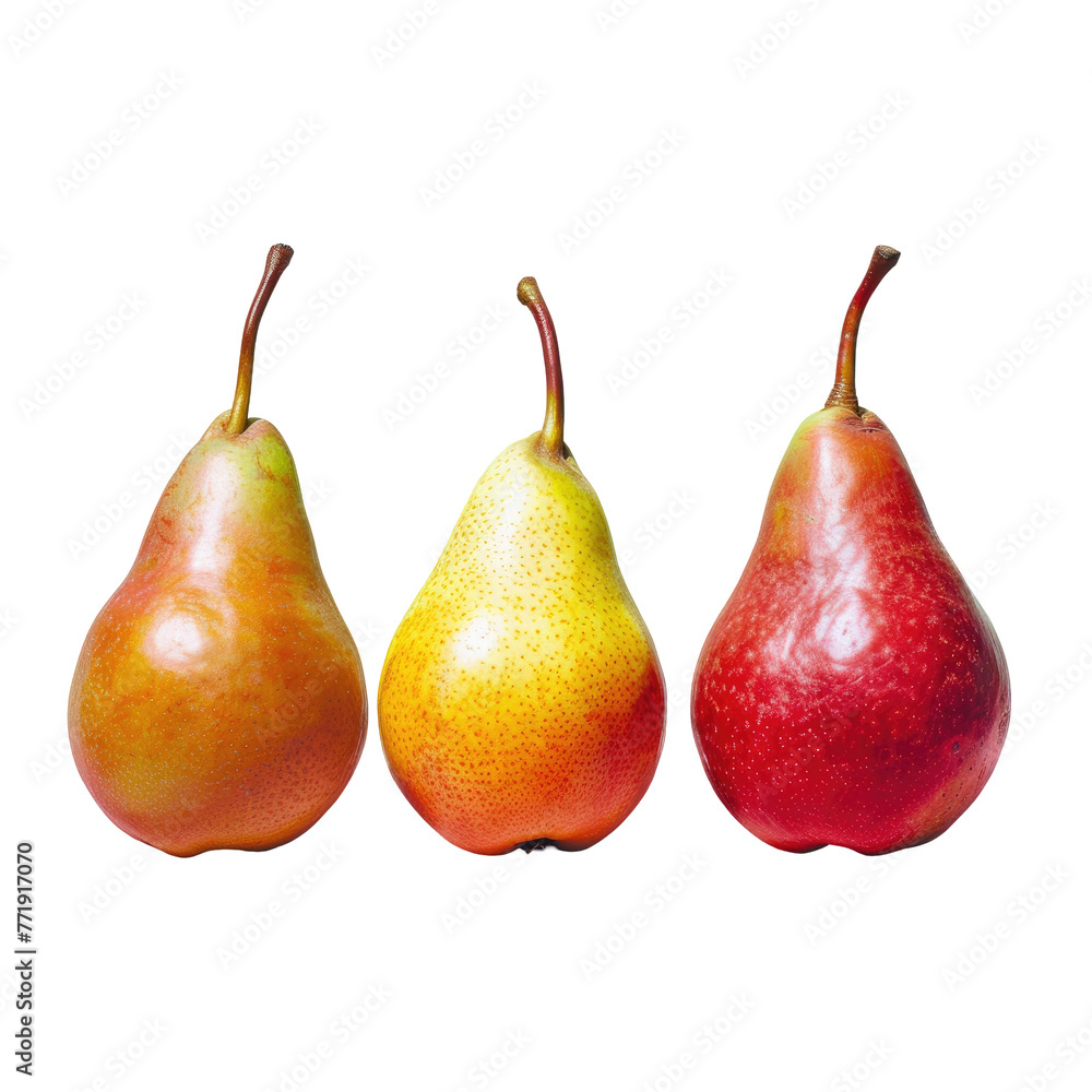 Three colorful pears on transparent background, natural and juicy fruits Three colorful pears on transparent background, natural and juicy fruits