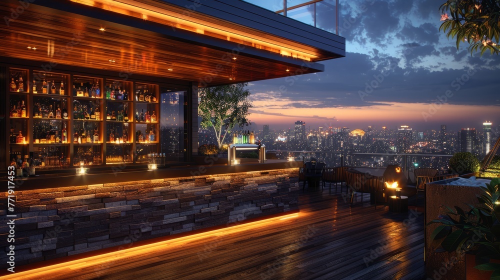 Obraz premium The rooftop bar provides a special time for people to socialize, with plenty of liquor and beer can see sunset in the city.