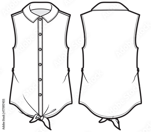Women's knotted sleeveless Shirt Blouse design flat sketch fashion illustration cad drawing front and back view