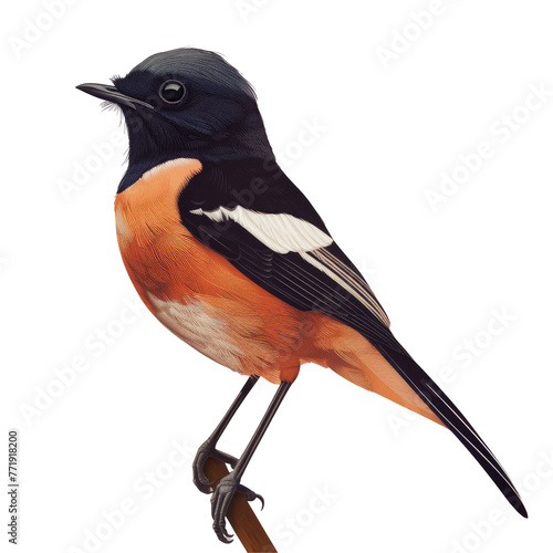 a black and orange bird is perched on a stick