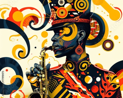 Experiment with abstract shapes and patterns inspired by the ornate designs of marching band uniforms and brass instruments