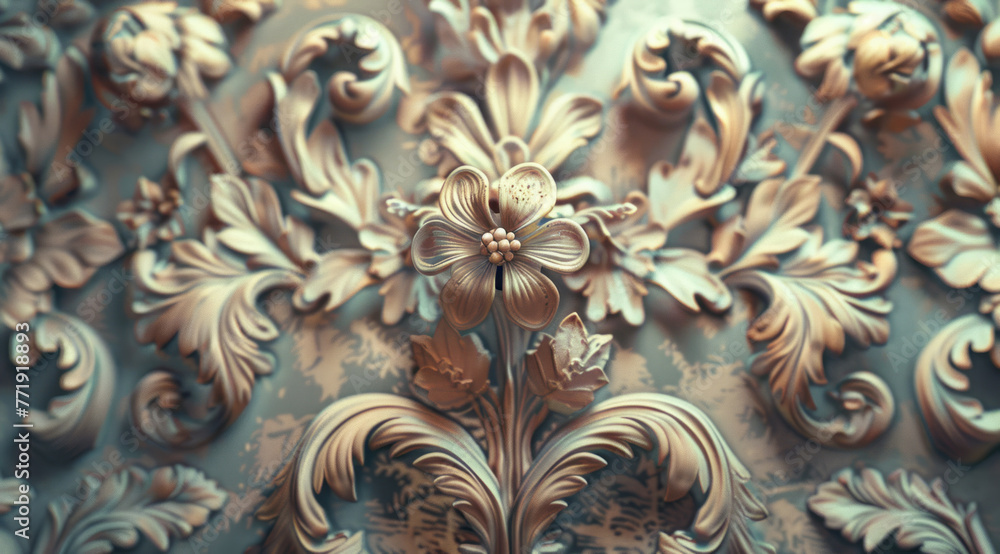 An old-fashioned wallpaper design exhibits beautiful organic sculpting and metallic rotation. - obrazy, fototapety, plakaty 