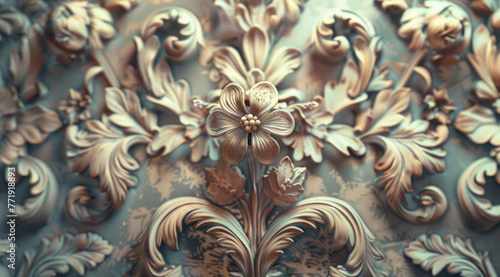 An old-fashioned wallpaper design exhibits beautiful organic sculpting and metallic rotation. photo