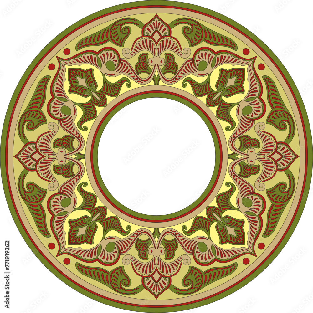 Vector colored round oriental ornament. Arabic patterned circle of Iran, Iraq, Turkey, Syria. Persian frame, border.