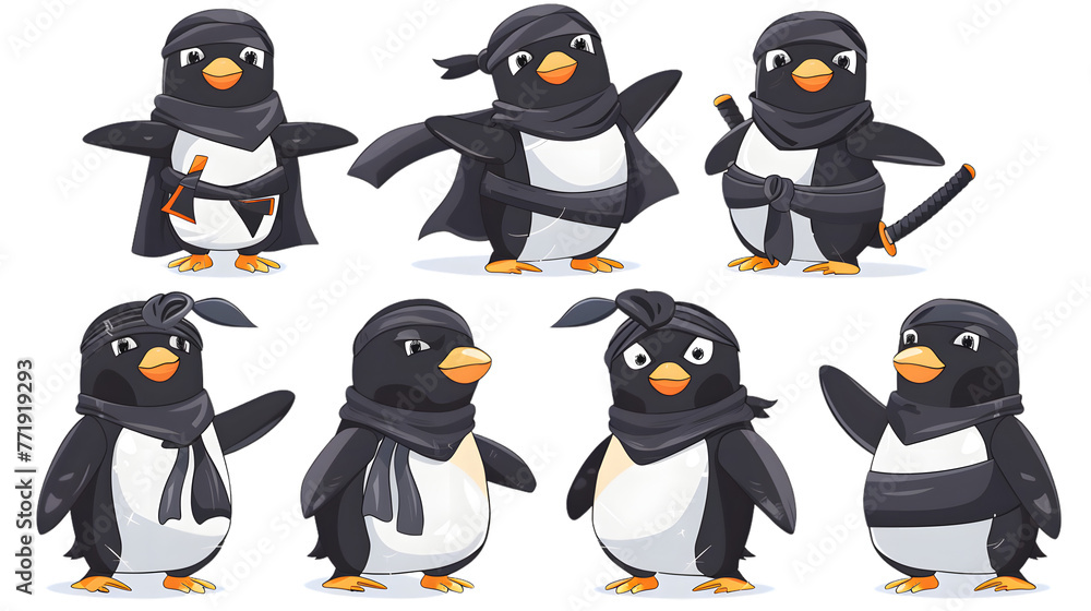 A series of penguin cartoon characters dressed in ninja outfits A series of penguin cartoon characters dressed in ninja outfits