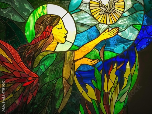 A stained glass window showing an angel playing a golden harp with light illuminating the musical notes