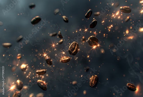 Coffee beans appear to soar in the air, creating a flamboyant spectacle reminiscent of animated gifs.