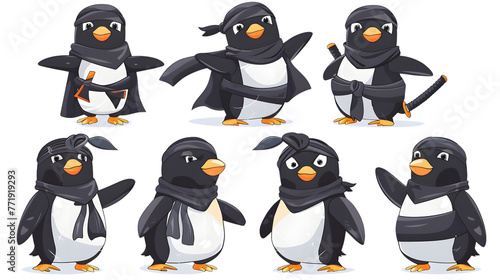 A series of penguin cartoon characters dressed in ninja outfits