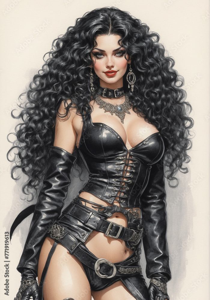 Beautiful woman with curly black hair wearing a black dress Beautiful woman with curly black hair wearing a black dress