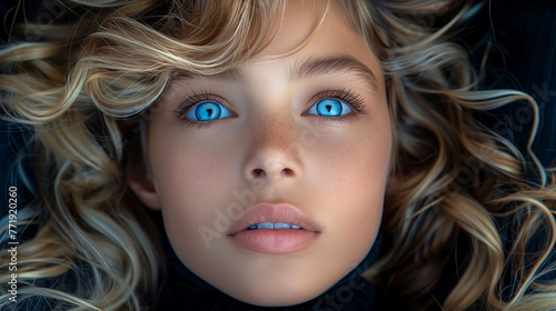 Close-up portrait of innocent blonde with beautiful deep blue eyes against dark background.