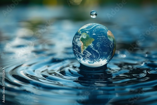 A blue water backdrop with a  waterdrop on earth for world water day with a big space for text, Generative AI. #771920266