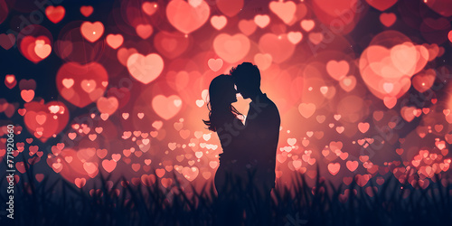 Couple In Love Embracing Surrounded By Floating Hearts . 