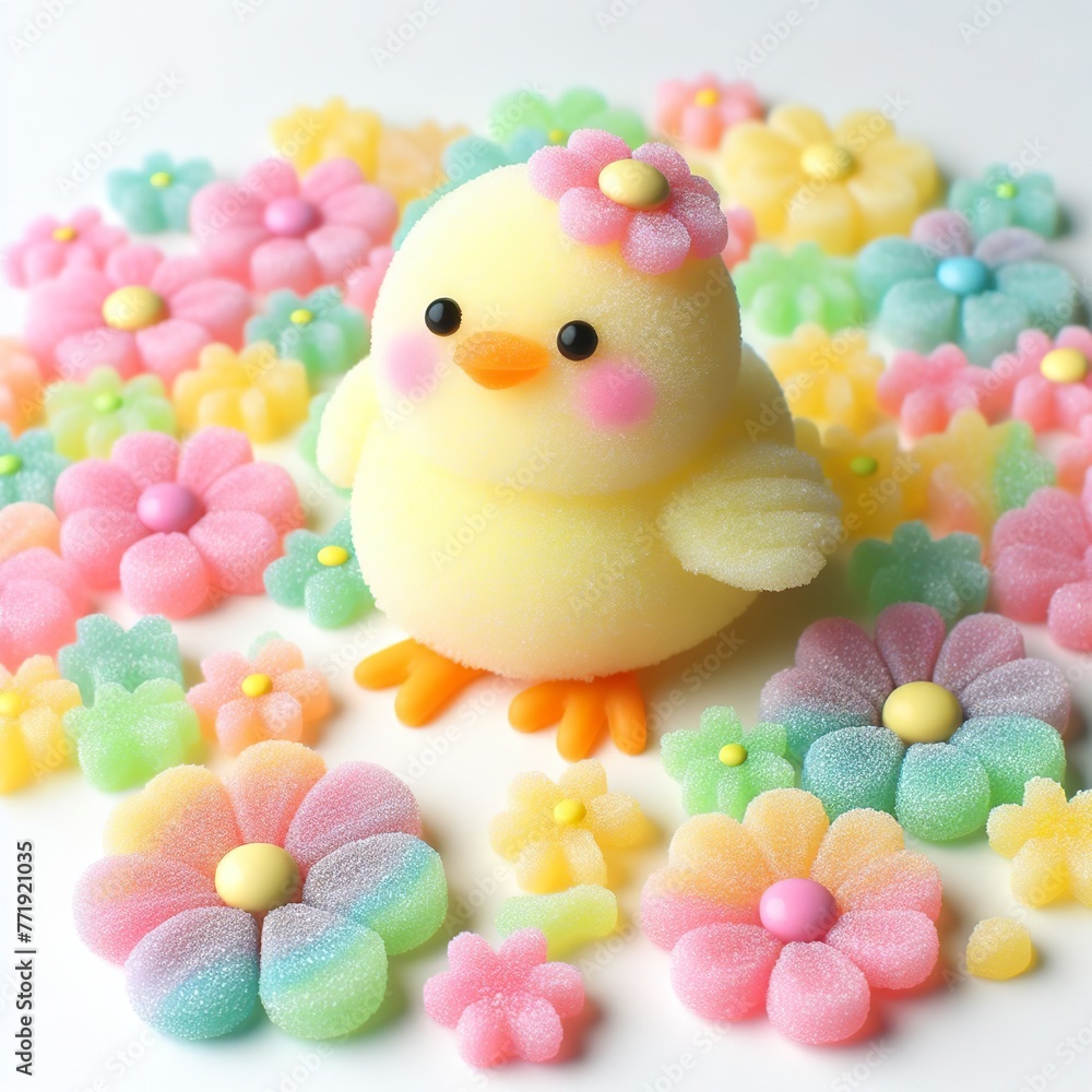 a cute little chicken with flowers made of pastel color rainbow gummy candy on a white background a cute little chicken with flowers made of pastel color rainbow gummy candy on a white background
