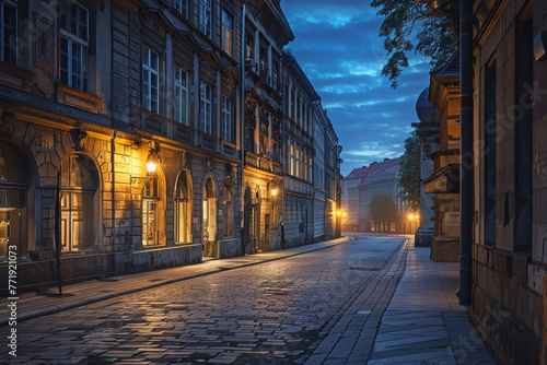 Historic City Streets at Dawn: Quiet Morning Light Illuminates Old Buildings © cwa