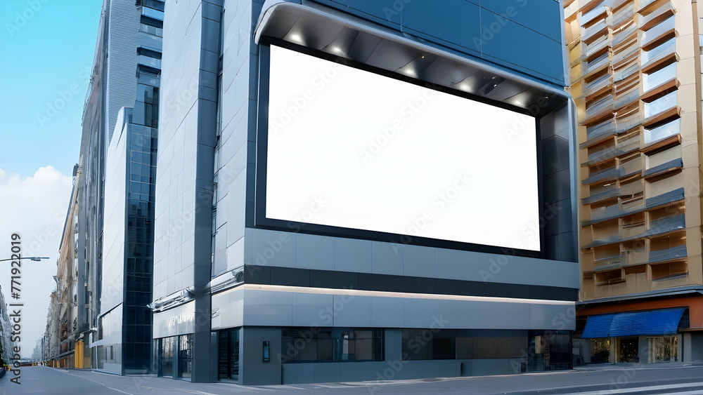 Outdoor horizontal large blank white screen, electronic billboard on the building mockup for advertising Outdoor horizontal large blank white screen, electronic billboard on the building mockup for advertising