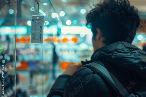 A man, wearing a backpack, is looking at a store window with an empty price tag