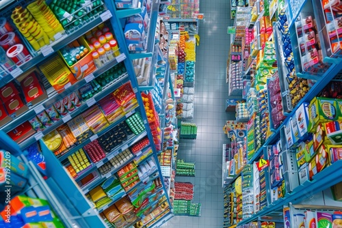 A busy grocery store aisle filled with shelves stocked with a diverse range of items, displaying an abundance of food products and household essentials