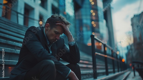 A dejected young companies guy stopping over the concrete stairs of his bottom floor office, plagued by stress and overwork and space, Generative AI.