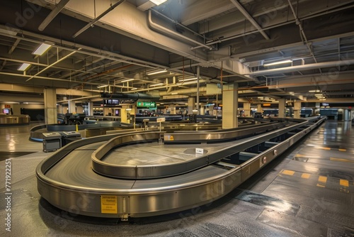Wide shot of a deserted baggage claim area in a bustling airport terminal with no luggage or passengers present