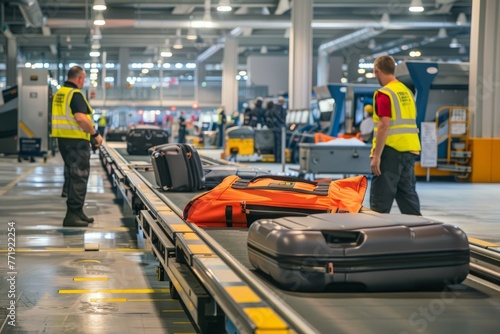 Two men standing next to luggage on a conveyor belt at a loading area in an airport