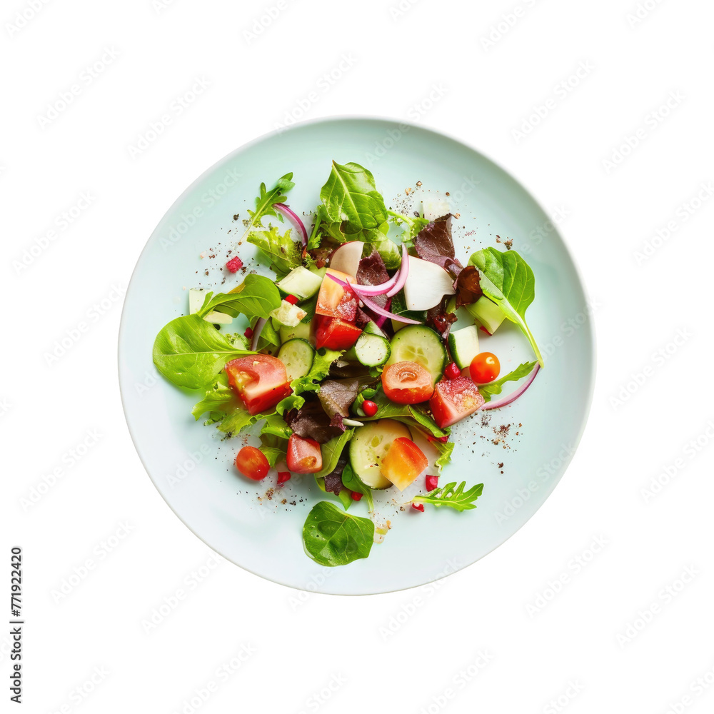 Fresh salad served on white plate against transparent background Fresh salad served on white plate against transparent background
