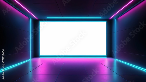 Indoor blank white LED screen for advertisement placement, Modern blank lcd screen against a blue purple neon light wall