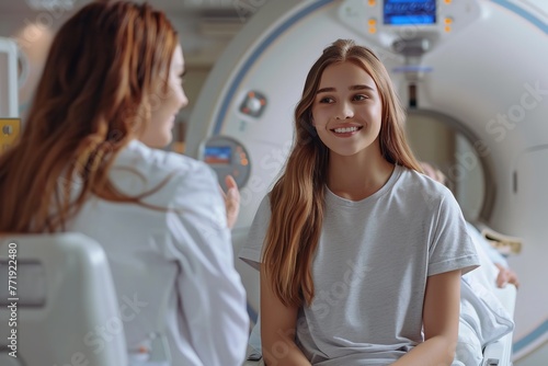 A female patient is being expressed to and given feedback by the female doctor who is standing next to her in the MRI machine and space, Generative AI. photo