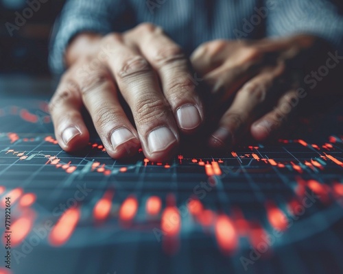 Closeup of hands wringing over a graph showing market crash, embodying economic crisis despair , octane render photo