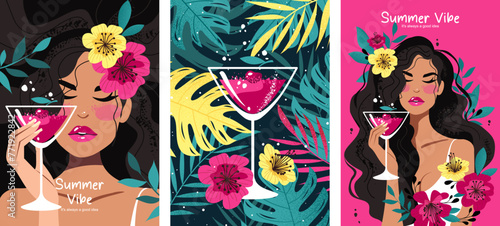 Set of summer postcards with a beautiful woman, cocktail, flowers and tropical palm leaves. Summer holliday, party, vacation, travel. Vector templates for card, poster, flyer, banner and other