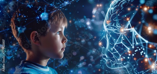 Young Boy Contemplating Digital Brain Interface.