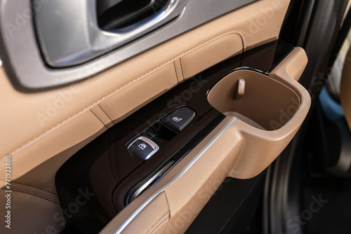 Side door buttons: window, seat heating adjustment buttons, door lock. Car inside..