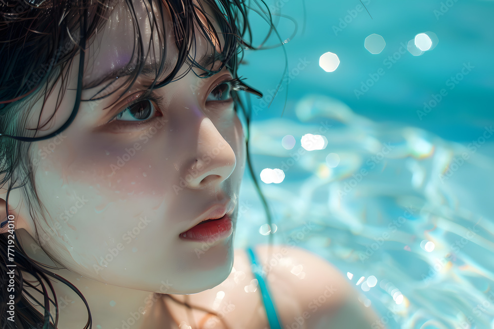 水面に映る純真 - プールサイドのアジア人女性 水面に映る純真 - プールサイドのアジア人女性