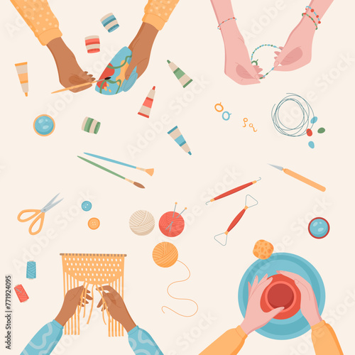 Handicraft DIY art class activity illustration, cartoon handmade painting craftwork concept, flat hands make creative handcraft pottery workshop, colorful hobby group vector background banner,