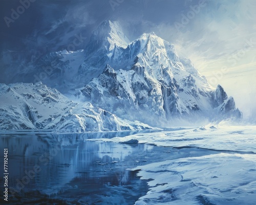 A painting of a snowy mountain with a body of water in the foreground