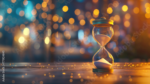 An hourglass against a shimmering backdrop, symbolizing the relentless passage and the golden grains of moments that slip through our fingers.
