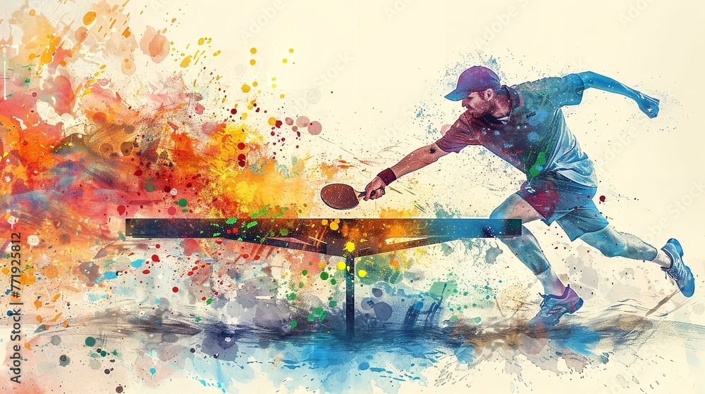 Abstract watercolor painting of a table tennis player engaged with vivid paint splattered over a white backdrop and space, Generative AI.
