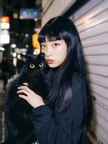 黒猫を抱く日本人女性のポートレート