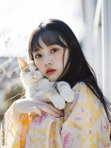  柔らかな光の中で猫を抱っこするアジア人女性 photo