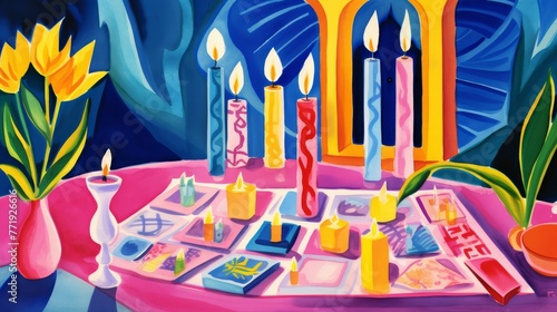 Watercolor illustration of a tranquil Holy Saturday night, with candles and crucifix, symbolizing spiritual patience
