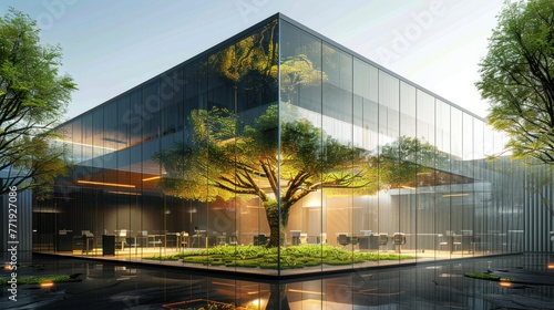 Sustainable green building, Eco friendly building. Sustainable glass office building with tree for reducing carbon dioxide, Office with green environment, Corporate building reduce CO2, Safety glass photo