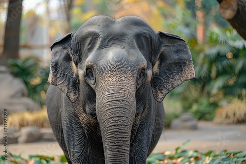 Majestic Adult Elephant Standing in a Serene Nature Reserve with Flapping Ears and Calm Demeanor Amidst Lush Greenery