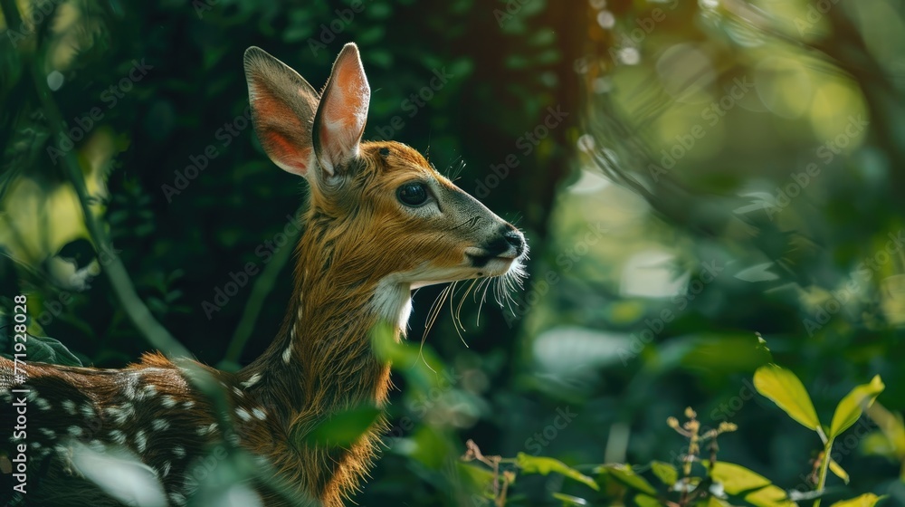 A deer is standing in a lush green forest A deer is standing in a lush green forest