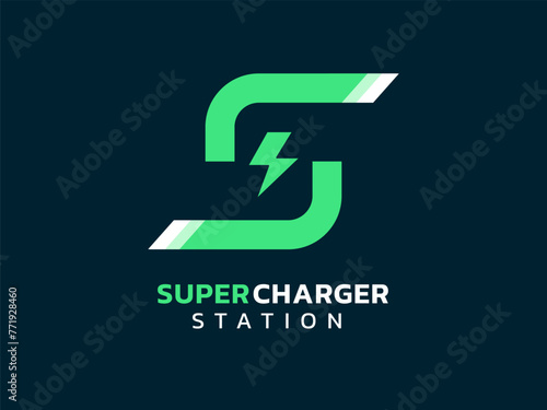 Electric Vehicle Super Charger station for EV Electric Car vector design concept. Green and Clean Energy Logo with Bolt Symbol Design. S Letter logo design. EV plugin station future Industry.