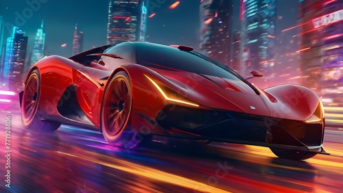 "Neon Rush: Futuristic Red Car Racing Through the Night" © DelvyDesigns