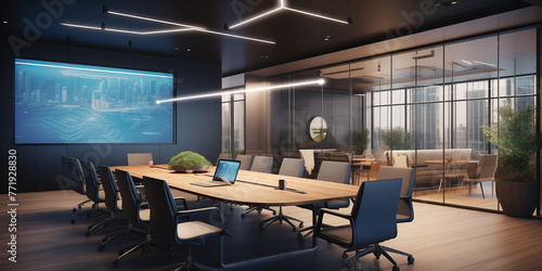 A sleek conference room in an office building, featuring a large central table with integrated power outlets, stylish seating arrangements, a digital whiteboard for interactive sessions, and ambiance.