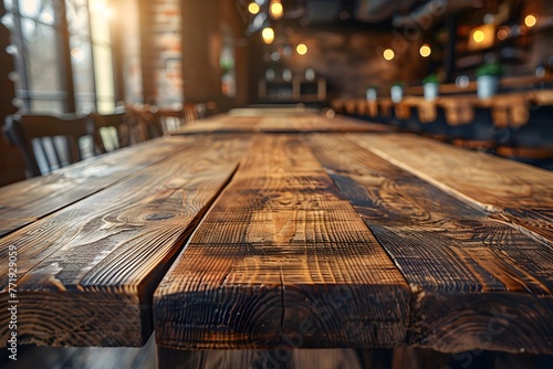 Superficie de una mesa de madera rustica en un interior iluminado con luz natural. Superficie atractiva, ideal para colocar un producto. photo